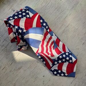 VTG Windsor Silk American Flag Tie 4th of July 59" Red White Blue 90s MADE ITALY